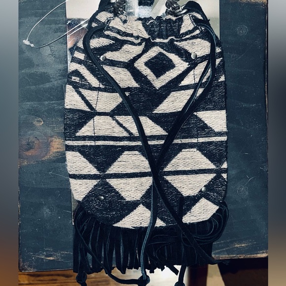 AEO American Eagle NEW Fabric Aztec Suede Fringe Drawstring Crossbody Bag - Picture 14 of 14